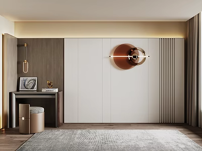 Elegant Modern Bed Background Wall With Wooden White Panels And Round Copper Lamp 3d model
