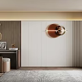 Elegant Modern Bed Background Wall With Wooden White Panels And Round Copper Lamp