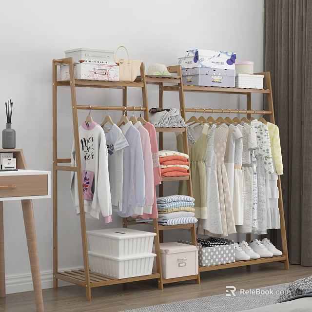 Bamboo Clothes Rack Organizing Clothes And Storage Boxes 3d model