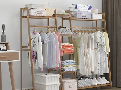 Bamboo Clothes Rack Organizing Clothes And Storage Boxes 3d model