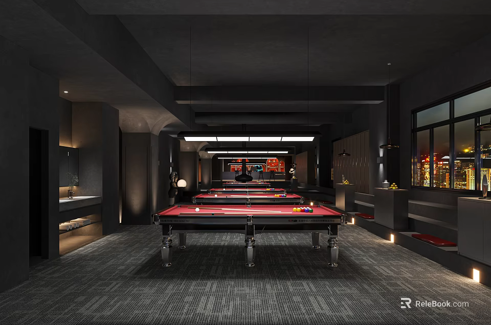 Modern Billiard Room Interior Design With Pool Tables And Stylish Lighting Fixtures 3d model 