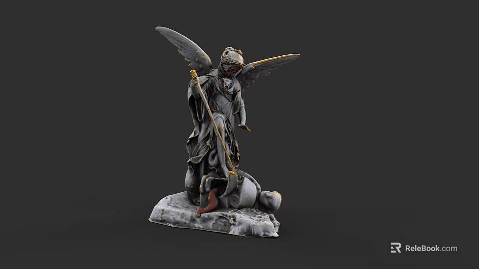 Game Movie Character Angelic Figure With Wings Holding Staff In Kneeling Pose On Stone Base 3d model 