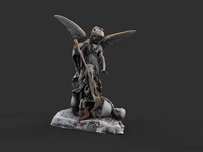 Game Movie Character Angelic Figure With Wings Holding Staff In Kneeling Pose On Stone Base 3d model