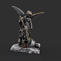 Game Movie Character Angelic Figure With Wings Holding Staff In Kneeling Pose On Stone Base