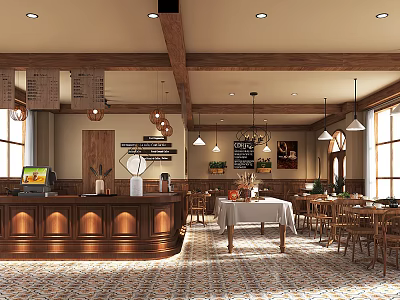 Cozy Café Interior With Wooden Counter Hanging Lights And Patterned Tile Flooring 3d model