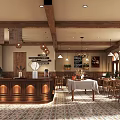Cozy Café Interior With Wooden Counter Hanging Lights And Patterned Tile Flooring