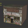 Vintage Red Brick Storefront With Colorful Graffiti And Decorative Stickers On Windows