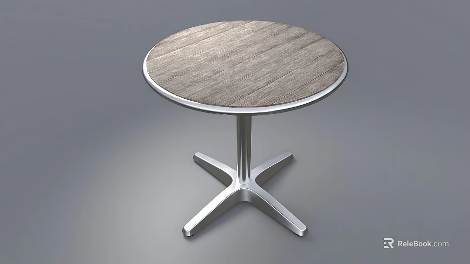 Round Side Table With Wooden Tabletop And Silver Metal Cross Base 3d model 