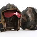 Two Vintage Worn Helmets With Red Interior Displayed On White Background 3d model