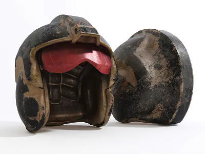 Two Vintage Worn Helmets With Red Interior Displayed On White Background 3d model