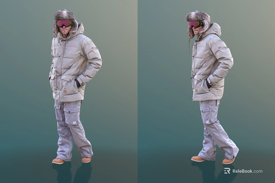 A Man in light-colored jacket with fur-lined hat sunglasses cargo pants and brown shoes 3d model 