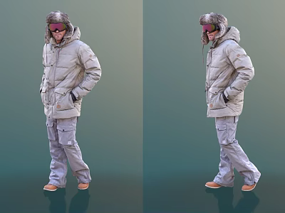 A Man in light-colored jacket with fur-lined hat sunglasses cargo pants and brown shoes 3d model