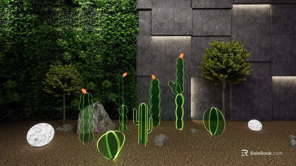 Garden Decorations With Glowing Cacti Green Wall Gray Stone Wall Small Trees And Stones 3d model 