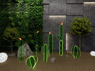 Garden Decorations With Glowing Cacti Green Wall Gray Stone Wall Small Trees And Stones 3d model