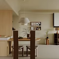 Modern Living and Dining Room Interior With Curved Wooden Cabinets Pendant Light and Dining Table