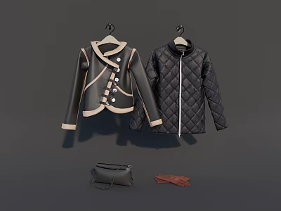 Stylish Jackets With Leather Trim Quilted Diamond Pattern Small Black Bag And Brown Gloves 3d model