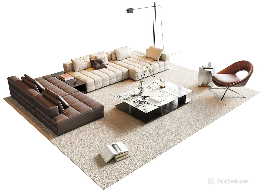 Modern Sofa and Coffee Table Set With Brown Beige Upholstery Marble Top And Accent Chair 3d model 