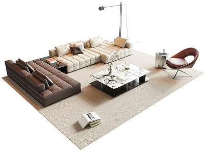Modern Sofa and Coffee Table Set With Brown Beige Upholstery Marble Top And Accent Chair 3d model