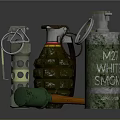 Collection of Military Weapons Featuring Grenade Smoke Bomb and Tactical Hammer