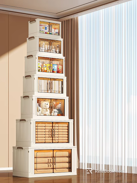 White Multi Layer Storage Cabinet With Glass Doors Drawers And Organized Items In Bright Room 3d model 