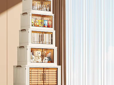 White Multi Layer Storage Cabinet With Glass Doors Drawers And Organized Items In Bright Room 3d model