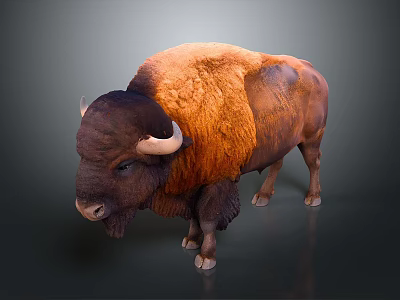 Majestic Brown and Orange Buffalo with Thick Fur and Curved Horns Standing Isolated on Gray Background 3d model