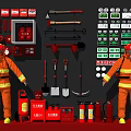 Complete Fire Equipment Set with Firefighter Uniforms Extinguishers Axes Tool Racks and Safety Signs