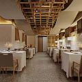 Elegant Restaurant Interior With Wooden Ceiling Neat Tables Chairs And Ambient Lighting Design