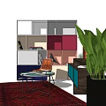 Modern Dark Wood TV Stand In Living Room With Red Rug Potted Plant And Books