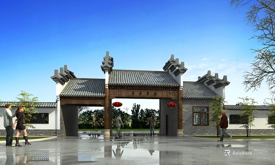 Traditional Chinese Entrance Gate With Tile Roof Red Lanterns And Green Plants 3d model 