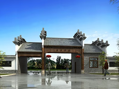 Traditional Chinese Entrance Gate With Tile Roof Red Lanterns And Green Plants 3d model