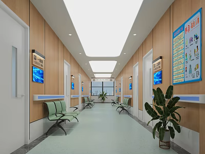 Hospital Elevator Corridor With Wooden Walls White Ceiling Green Seats Display Screens And Plants 3d model