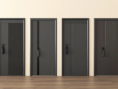 Dark Modern Security Doors With Various Panel Designs And Metal Handle Details 3d model