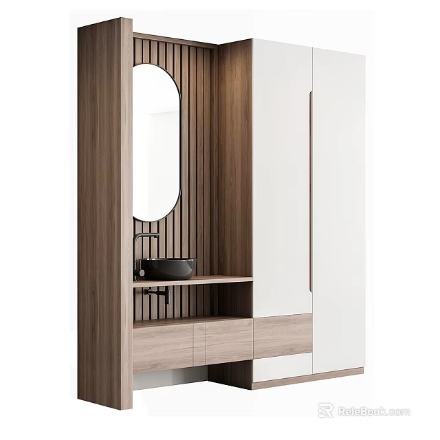 Modern Minimalist Bathroom Vanity With Wooden Frame White Storage Cabinets And Round Mirror 3d model 