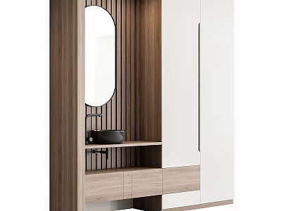 Modern Minimalist Bathroom Vanity With Wooden Frame White Storage Cabinets And Round Mirror 3d model