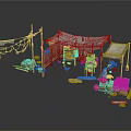 Rustic Market Stall Scene With Canvas Tent Wooden Poles Barrels And Sacks