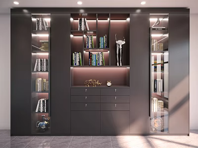 Modern Bookcase Design With Glass Doors LED Lighting Shelves Drawers And Decorative Items 3d model
