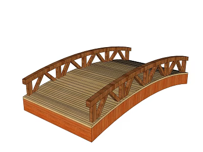 Elegant Wooden Arched Landscape Bridge With Crossed Railings And Plank Deck 3d model