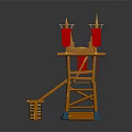 Orange Wooden Commercial Equipment Towers Featuring Staircase Platform Red Flags And Blue Supports