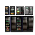Modern Glass Door Refrigerators and Freezers Displaying Beverages Fruits and Wine Bottles