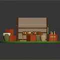 Outdoor Market Stall Scene With Wooden Structure White Canvas Roof Red Crates And Clay Pots