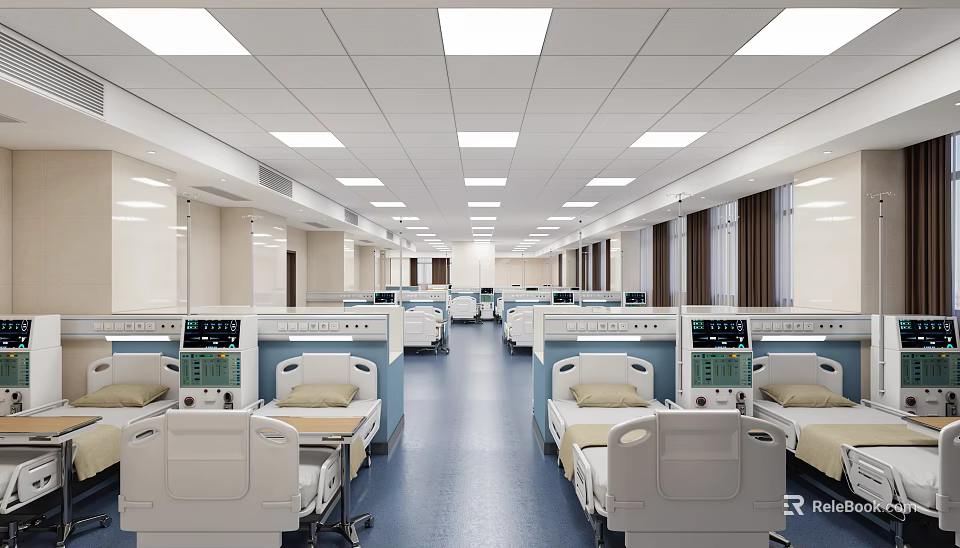 Hospital Ward Interior Featuring Multiple Beds Medical Equipment And Ceiling Lighting 3d model 