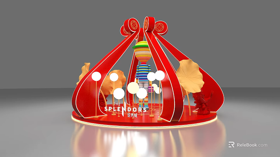 Red Decorative Structure With Colorful Spheres Leaf Decorations And Lights For Splendors 3d model