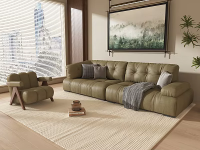 Cozy Olive Green Two Seater Sofa With Cushions Throw Blanket And Armchair In Living Room 3d model