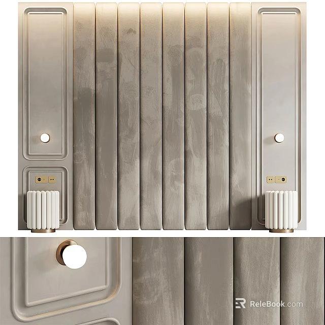 Modern Bed Accent Wall With Vertical Panels And Decorations 3d model 
