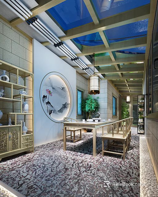 Chinese Style Villa Balcony With Ink Painting Lantern Pendant Lights Wooden Furniture And Green Plants 3d model 