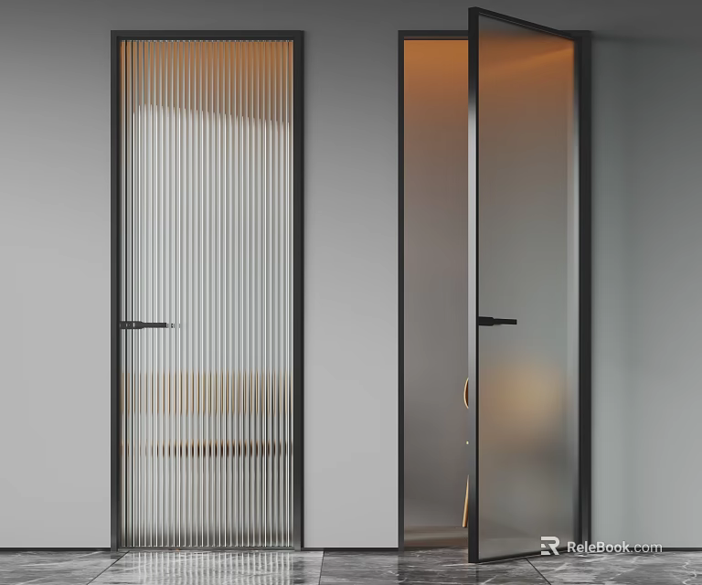 Modern Interior Hinged Doors With Black Frame And Ribbed Glass Panels Design 3d model