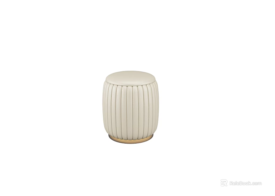 Beige Round Sofa Stool With Vertical Tufted Stitching And Wooden Base 3d model