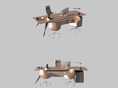 Modern Office Desk Setup with Ergonomic Chairs Computer Monitor and Desk Lamp 3d model