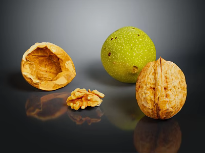 Fresh Walnuts Featuring Whole Green Brown Cracked Shell And Kernel On 3d model